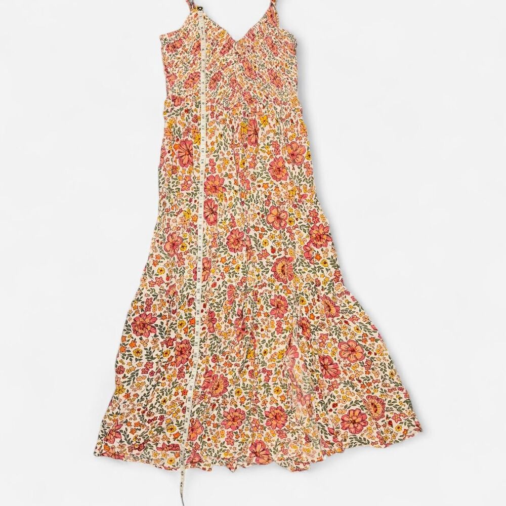 Orange and Pink Floral Cottagecore Maxi Dress with Spaghetti Straps; Size SMALL - Picture 2 of 6